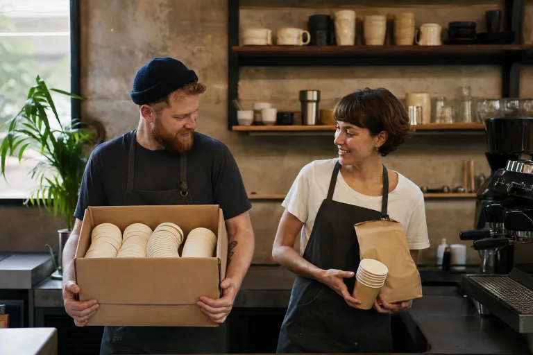 Two independent café owners restocking coffee lids, cups, and beans together