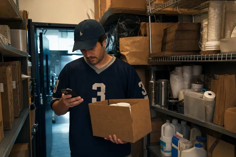 Independent café owner counting a box of drink lids in a working stockroom